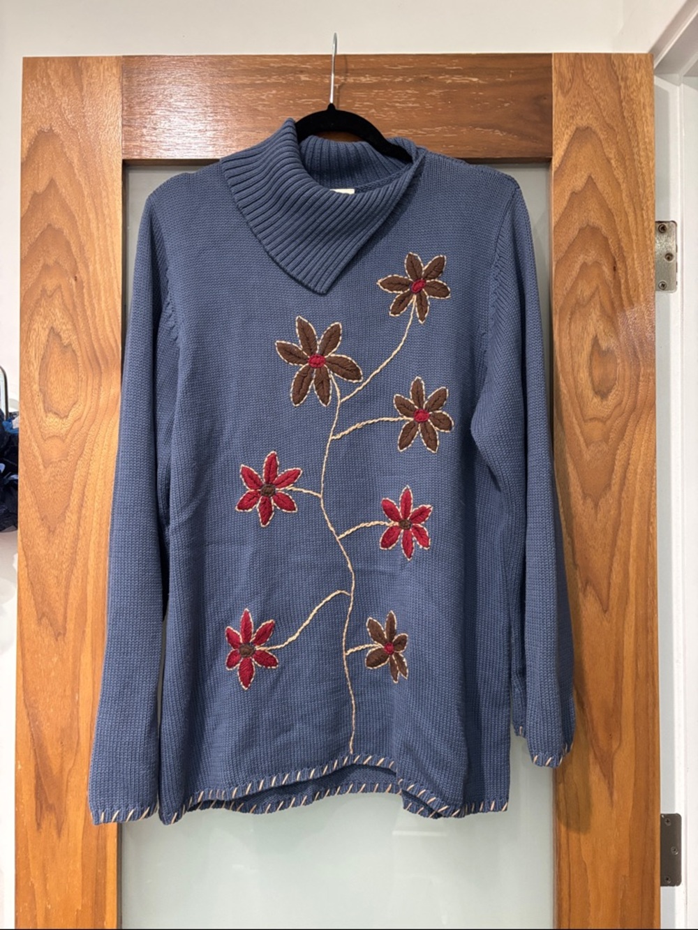 Falls Creek Slate Blue Cowl Neck Sweater with Embroidered Flowers